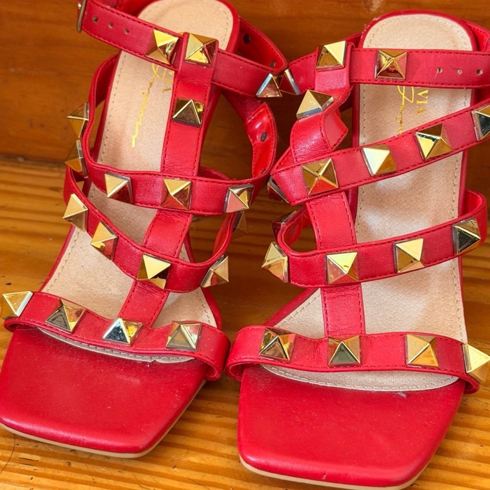 Red Studded Strappy Sandals - Women's Red Heels